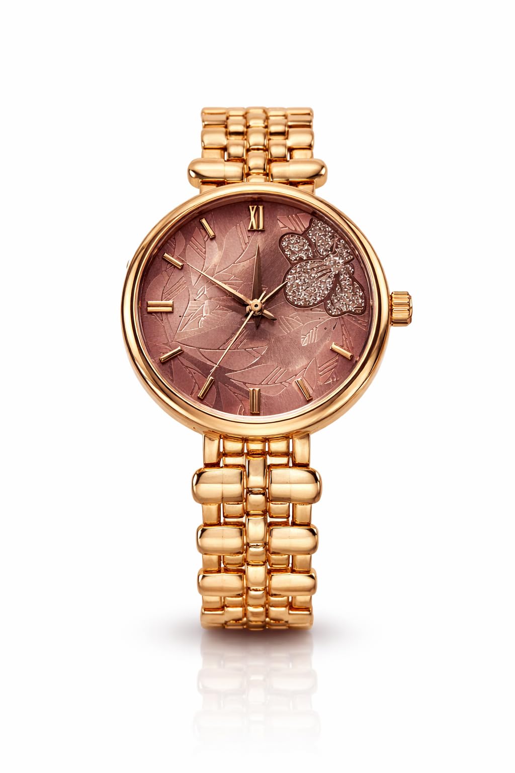 Women's Watch, Rose Gold Bracelet, Floral Dial with Crystal Embellishment, Roman Numerals, Stainless Steel