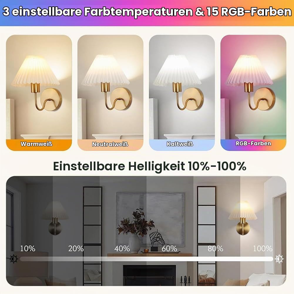 2 Stück LED Akku Wandleuchte Ohne Stromanschluss Innen Gold Wandlampe Batterie mit Fernbedienung Dimmen Wandbeleuchtung Kabellos Aufladbare Wohnzimmerlampe Stoffschirm Retro Boho Lampe Messing
