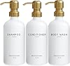 Luxury Shampoo and Conditioner Dispenser Set by Brighter Barns - Shower Soap Dispenser - Shampoo Conditioner Body Wash Dispenser & Pump - White and Gold Bathroom Accessories in Spa, Hotel, Gift (Gold)