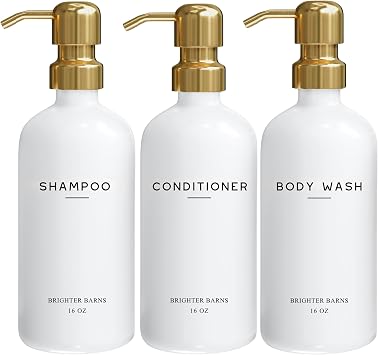 Luxury Shampoo and Conditioner Dispenser Set by Brighter Barns - Shower Soap Dispenser - Shampoo Conditioner Body Wash Dispenser & Pump - White and Gold Bathroom Accessories in Spa, Hotel, Gift Gold