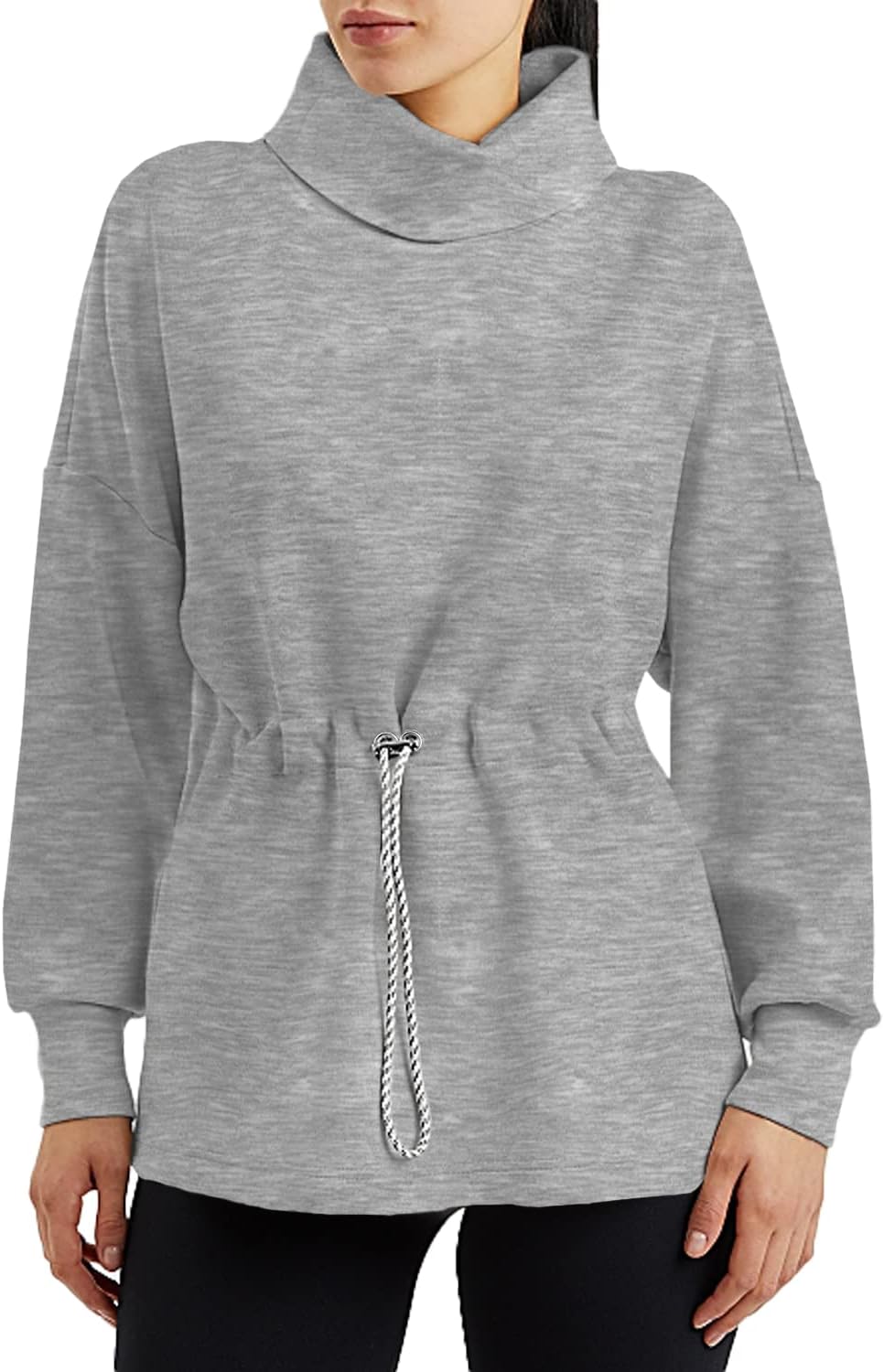 Women’s Turtleneck Sweatshirts Long Sleeve Pullover Tops Side Slit Tunic Shirts with Drawstring Waist