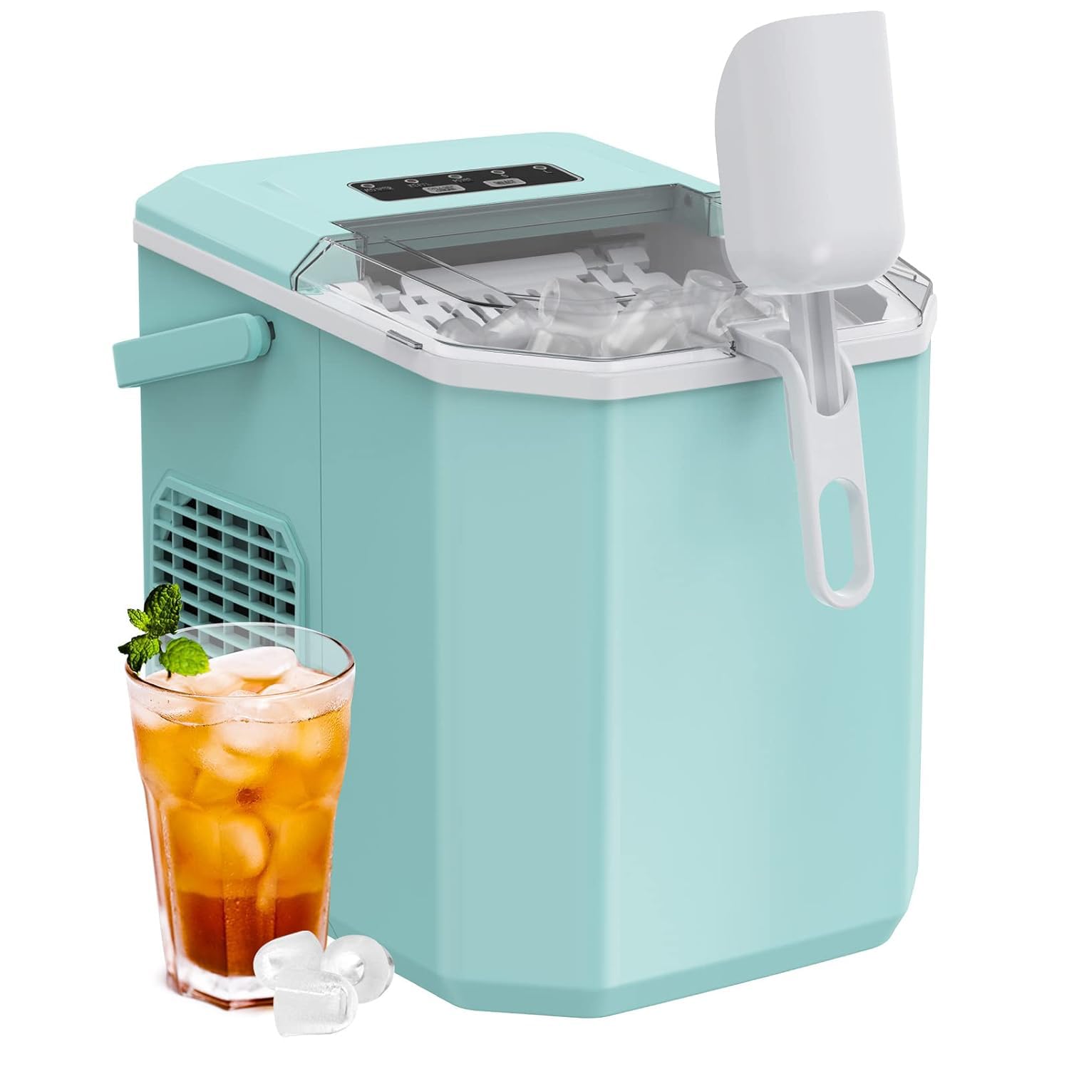 Ice Maker Countertop, Portable Ice Machine with Carry Handle, Self-Cleaning Ice Makers with Basket and Scoop, 9 Cubes in 6 Mins, 26 lbs per Day, Ideal for Home, Kitchen, Camping, RV, Green