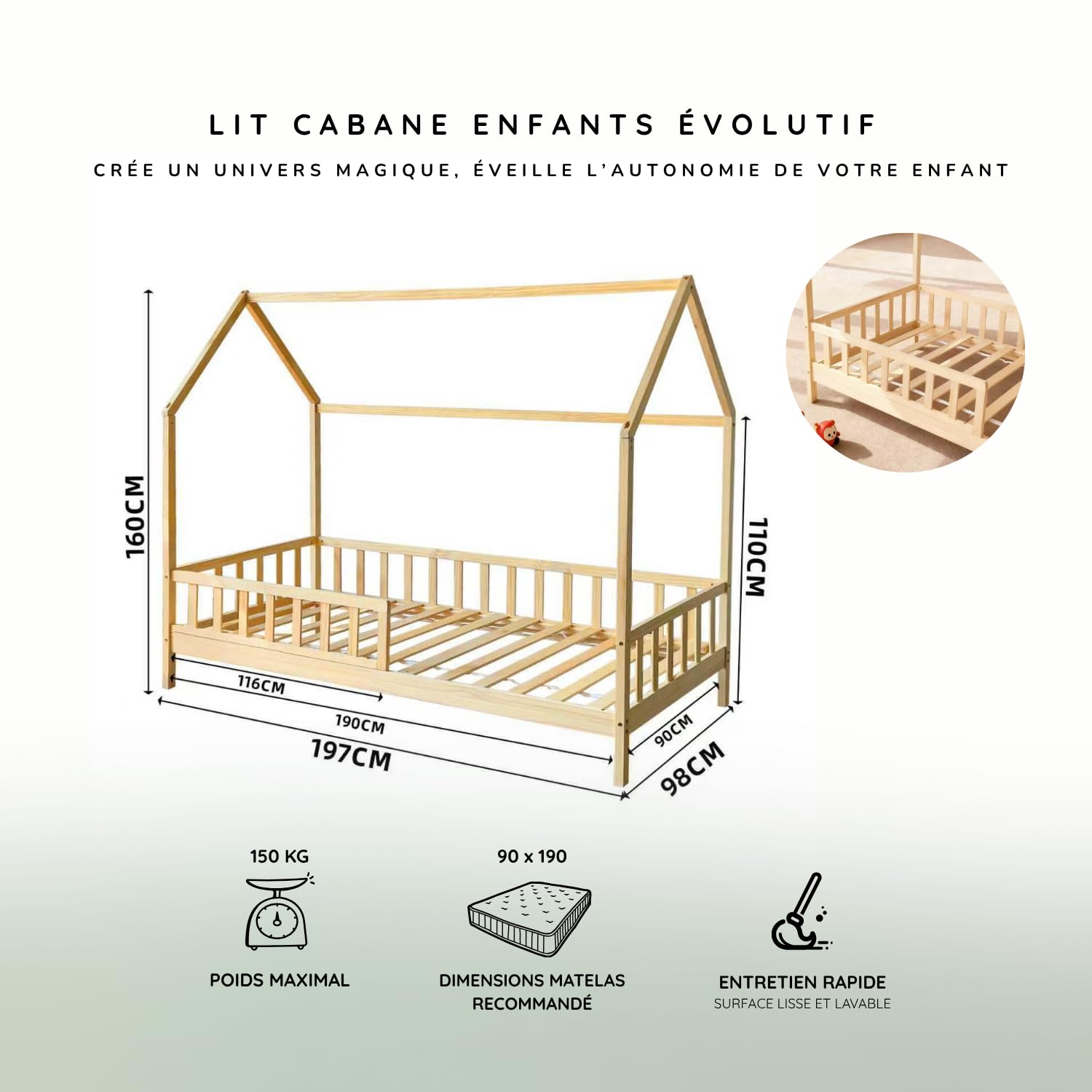 Lit Cabane Enfant 90x190 en Bois Massif - Maison Montessori avec Barreaux de Sécurité - Sommier à Lattes Renforcées Inclus - Lit Junior Unisexe - Matelas Non Inclus