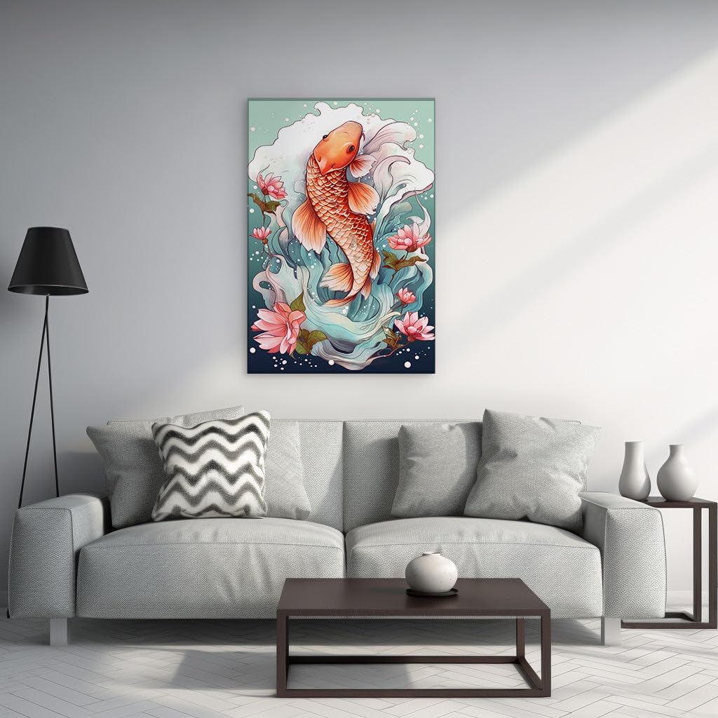 Canvas for Living room. Leaping Koi Majesty � A Vivid Dance of Colors and Waves, 27 x 18 inch Canvas Wall Art - Contemporary Masterpieces - Modern Home Decor - 69x46 cm (27x18 inch)