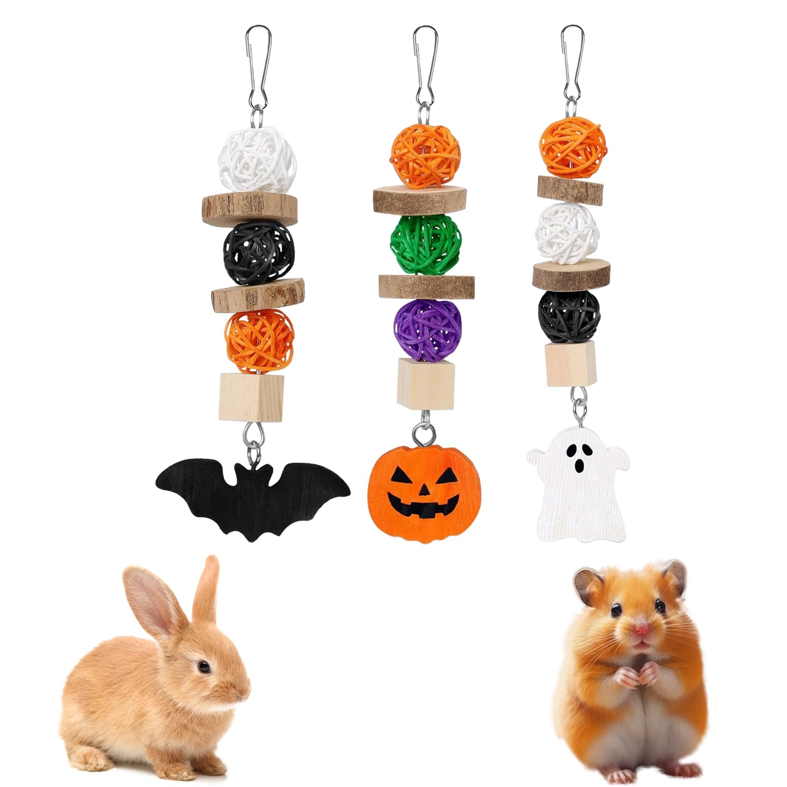Bohue 3pcs Halloween Guinea Pig Chew Toys Natural Rabbit Toys Cage Hanging Chew Toys Teeth Care Grinding Accessories for Bunny Guinea Pig Chinchilla