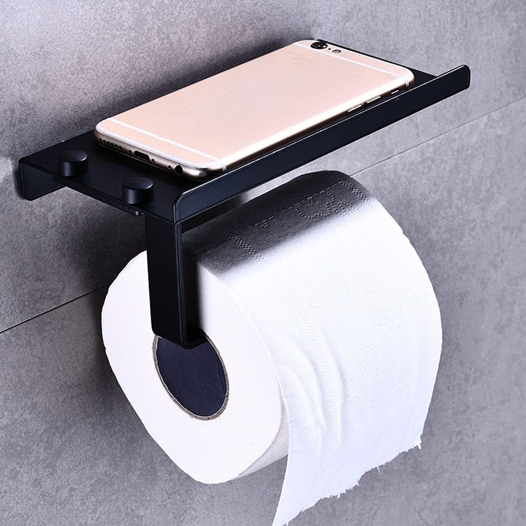 Tissue Roll Holder Toilet Paper Holder Black with Shelf, Space Aluminum Toilet Paper Holder Wall Mounted Tissue Roll Dispenser for Bathroom Bathroom Hardware