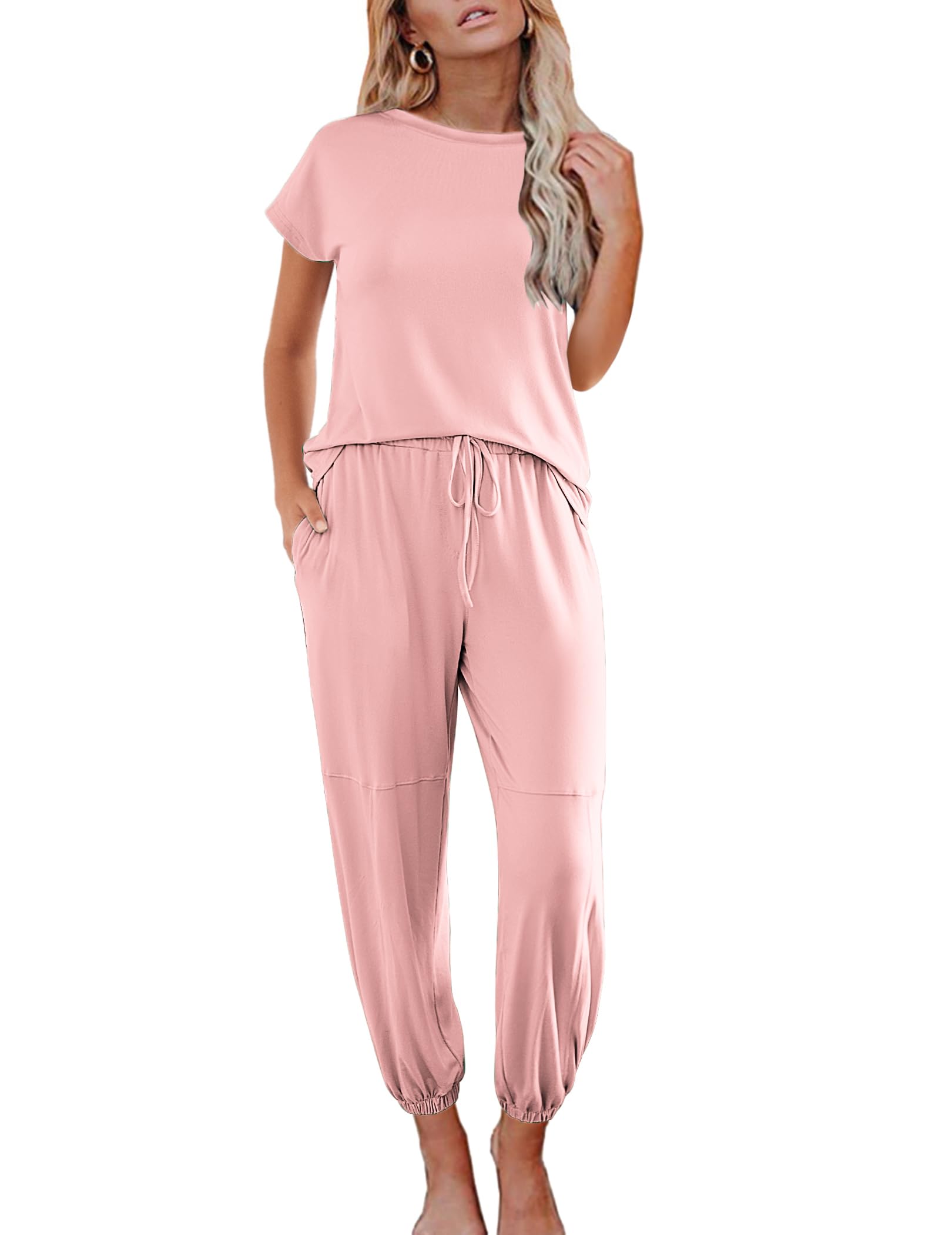 Ekouaer Pajamas for Women 2 Piece Lounge Sets Cap Sleeve Loungewear Top with Joggers Pants S-XXL