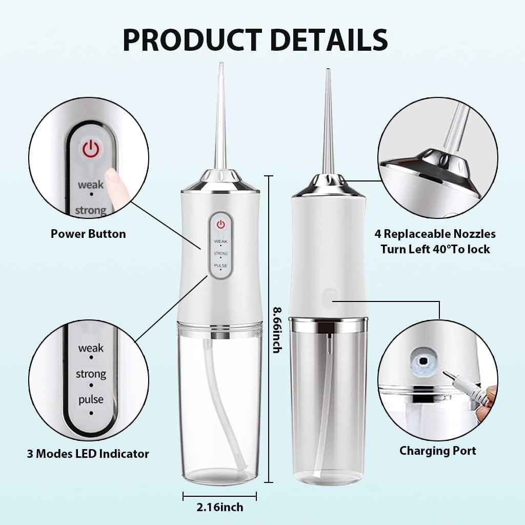Generic Cordless Water Dental Flosser for Teeth Cleaning, 220ml Tank, 3 Modes, 4 Jets, IPX7 Waterproof