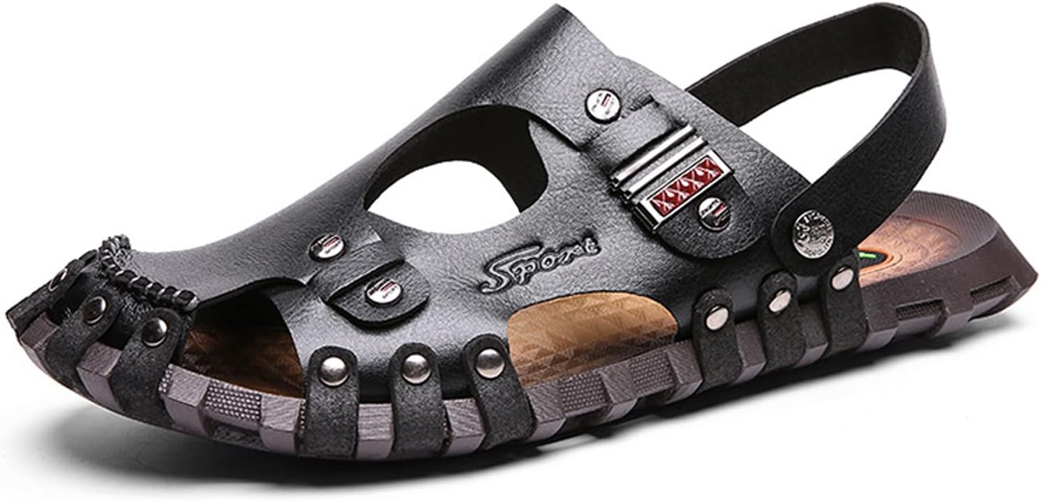 AsifnMens Summer Leather Outdoor Sandals Breathable Hiking Casual Slipper Fisherman Walking Closed Toe Shoes