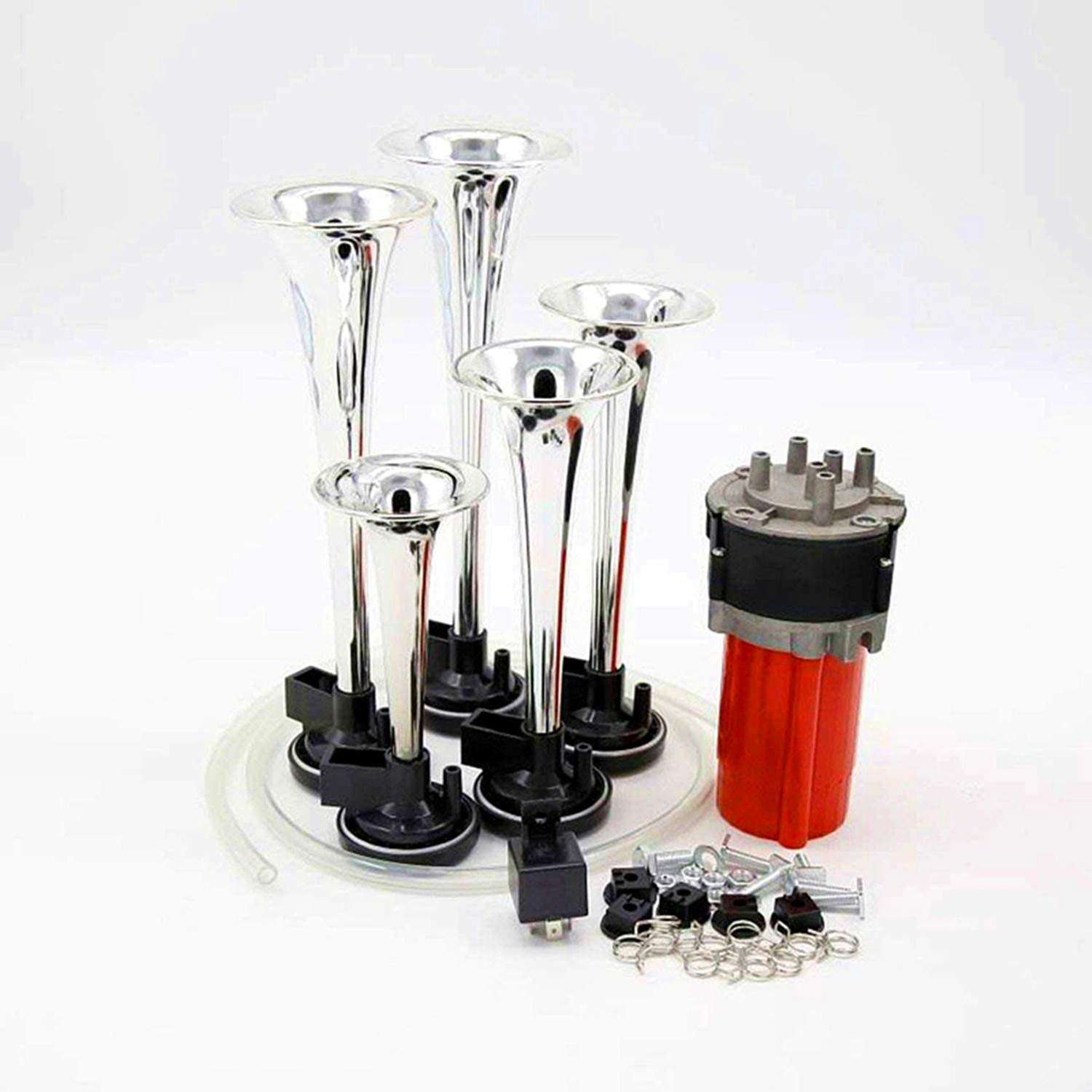 Tromba Musicale Strumento a cinque tubi avvisatore acustico Clacson Multi-frequenza suono rosso pompa aria personalità 12V Music Car Horn150DB altoparlante a tromba fischio clacson corno