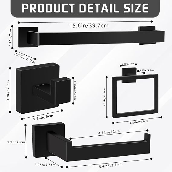Matte Black Bathroom Hardware Accessories Set of 10 Pieces, 15.6 Inch Bath Towel Bar Set, 304 Stainless Steel Bathroom Hardware Set, Towel Racks for Bathroom Wall Mounted
