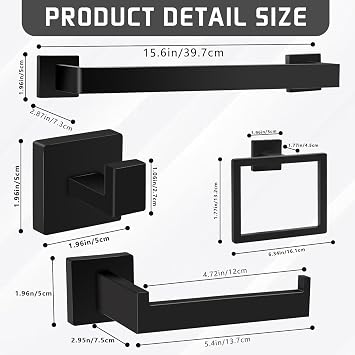 Matte Black Bathroom Hardware Accessories Set of 10 Pieces, 15.6 Inch Bath Towel Bar Set, 304 Stainless Steel Bathroom Hardware Set, Towel Racks for Bathroom Wall Mounted