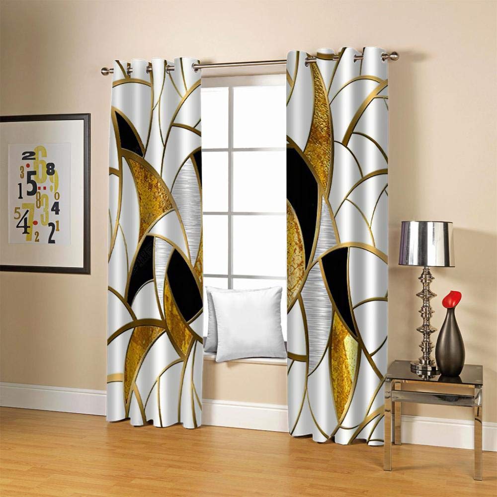 JGTQ Rideaux Isolants Thermique 2X W 140 x H 250 Cm Motif Géométrique Doré - Polyester Imprimé Oeillets Anti Froid pour Salle de Séjour, Chambre d'Enfant - Décoration