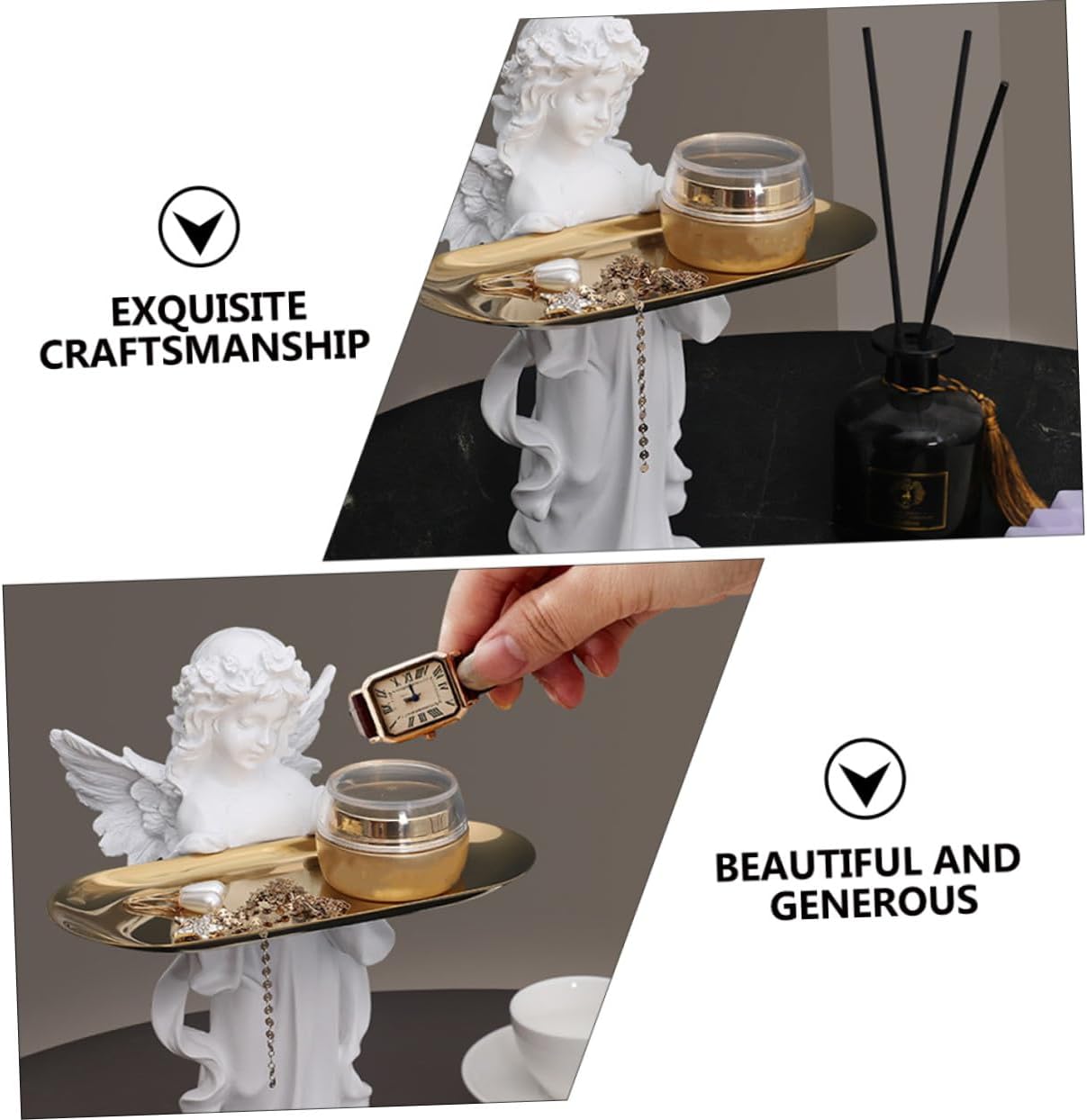 Countertop Jewelry Organizer Tray with Angel Statue Decorative Home Storage for Jewelry Watches Cosmetics Birthday Christmas Holder