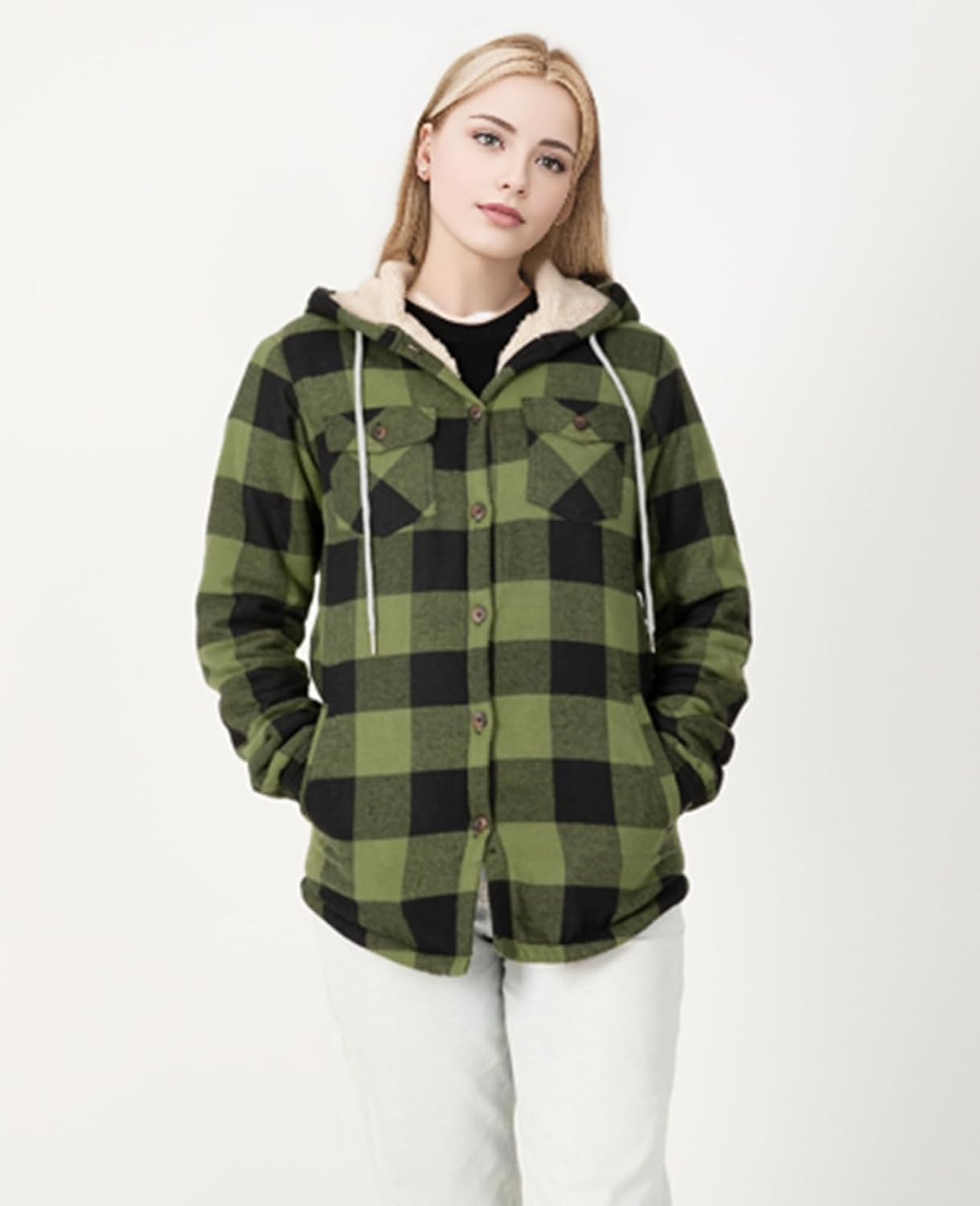ThCreasa Womens Sherpa Lined Plaid Hooded Flannel Jacket with Hand Pockets Button Down Shirt Jackets - Image 6