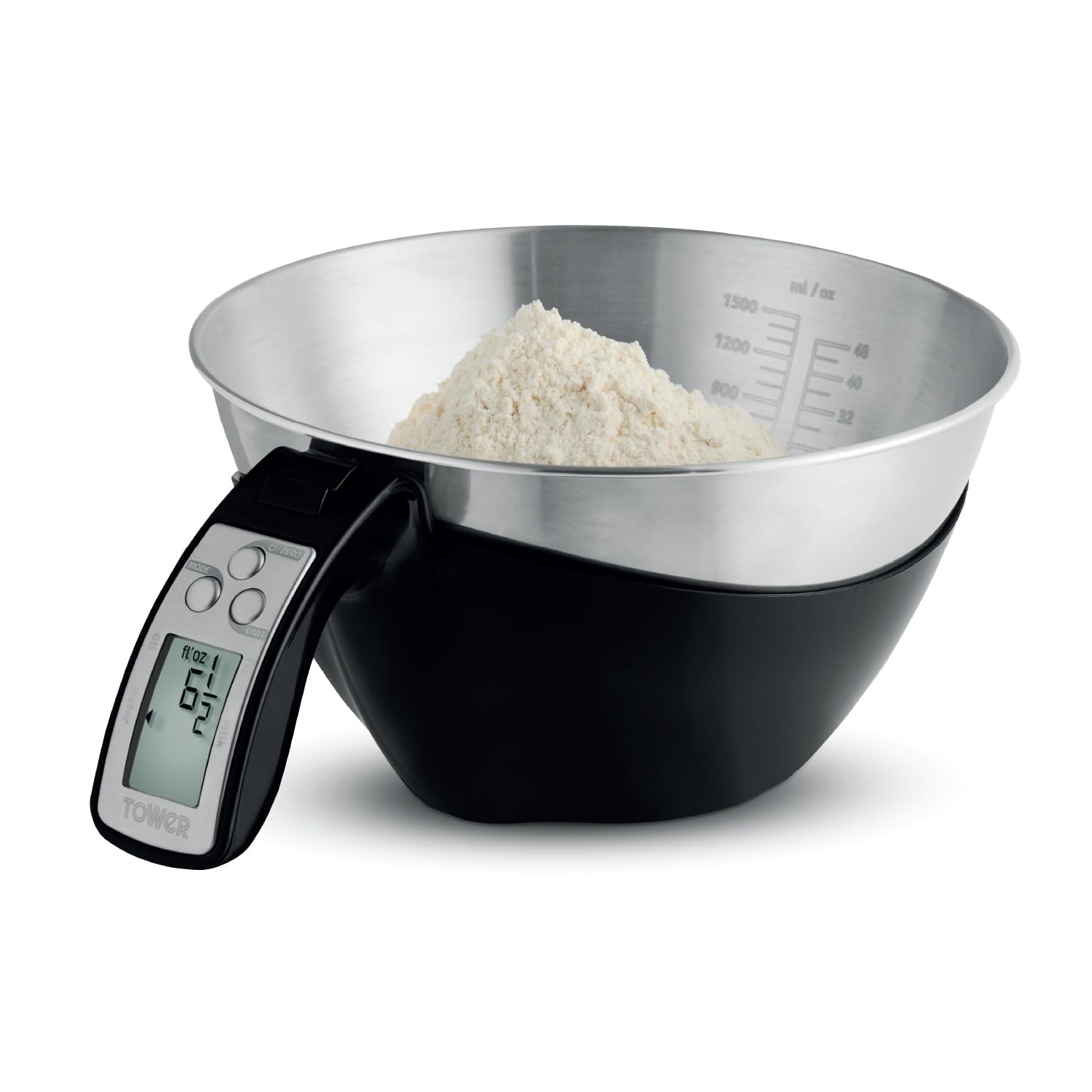 Tower Báscula digital 3 en 1, cuenco de acero inoxidable de 1,5 L, precisión de 1 g, añade y pesa para ingredientes húmedos y secos, modos de peso/volumen convertibles, capacidad de 5 kg, negro