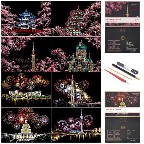 scratch art for adults and kids-city landmarks scratch painting craft kit 8 sheets a4diy foil engraving art setstress relief gift for travel lovers craft lovers home decor fireworkampsakura