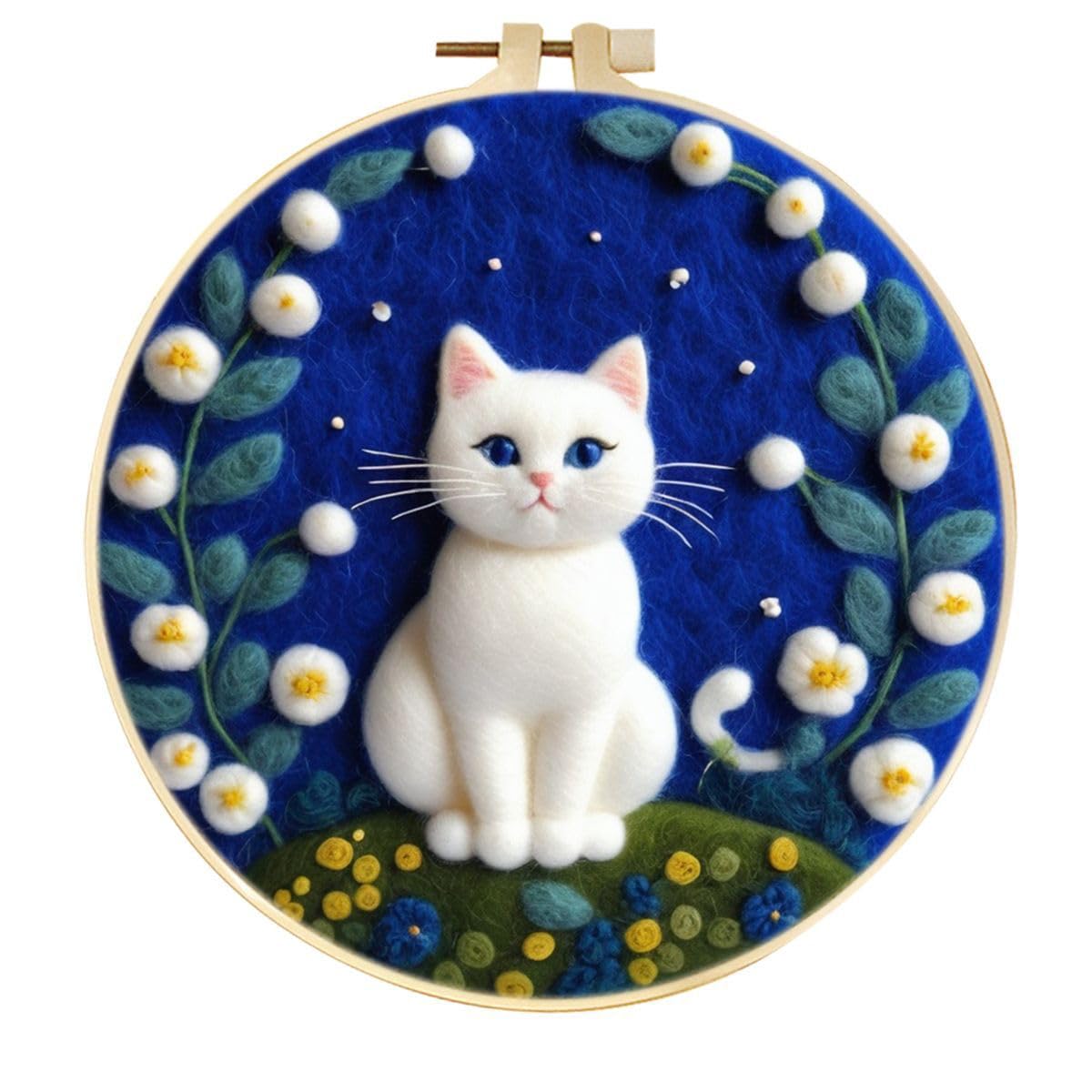 AMBATTERY Needle Felting Kits Cartoon Kitten Animal Needle Felting Tools for Beginner，Wool Felt with Instructions，Needles，Embroidery Hoops for Home Decoration 20x20cm