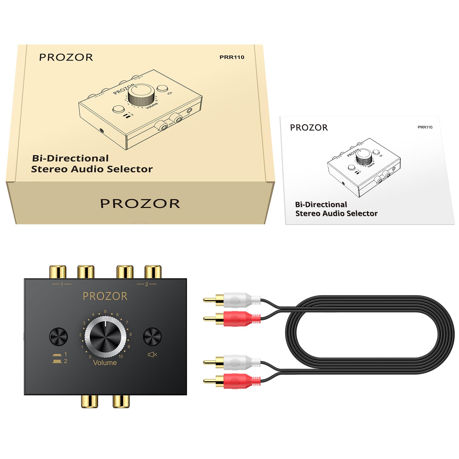 PROZOR Conmutador de Audio Estéreo Bidireccional RCA y AUX 3.5mm Selector de Sonido 1x2/2x1 con Control de Volumen y Botón Mute Switch Pasivo para Altavoces PC Amplificador Tocadiscos Reproductor CD