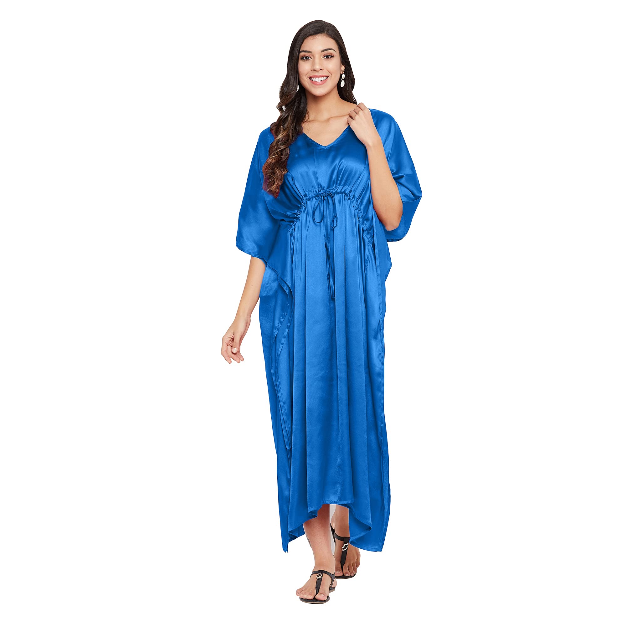 - Oussum Women Plus Size Kaftan Dress Solid Satin Maxi Kimono Sleeves Night Gown Dresses Comfortable Lounge Wear for Ladies (Blue Aster)