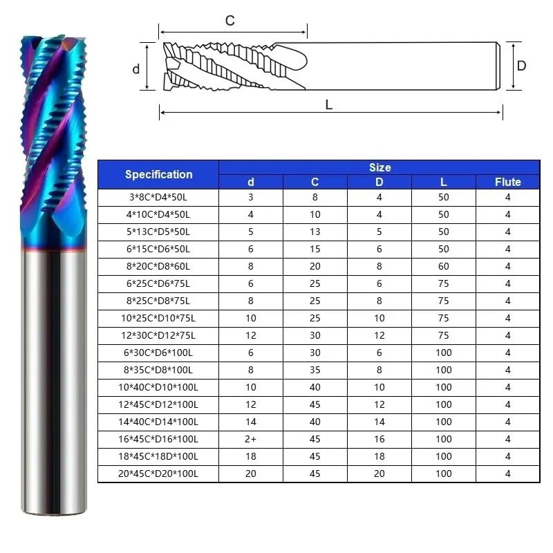 Fresa de desbaste carburo tungsteno, fresa extremo con recubrimiento Nano azul 4 flautas HRC65, 1 unidad(12x45CxD12x100L)