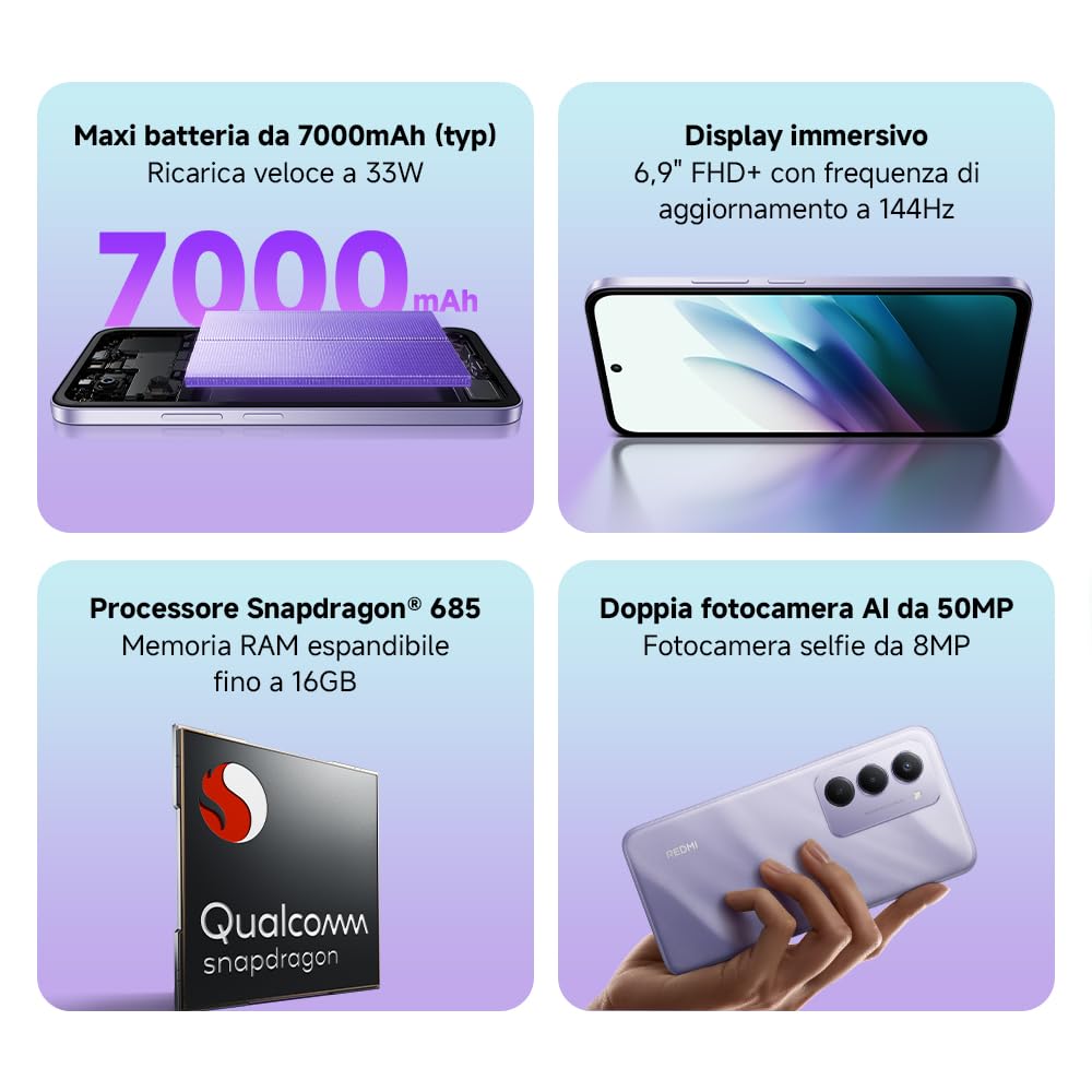 Xiaomi Redmi 15, Smartphone 8+256GB, DotDisplay FHD+ 144Hz da 6,9", Snapdragon 685, doppia fotocamera AI da 50MP, Batteria da 7000mAh, Garanzia di 2 anni, Viola, Caricabatterie non incluso