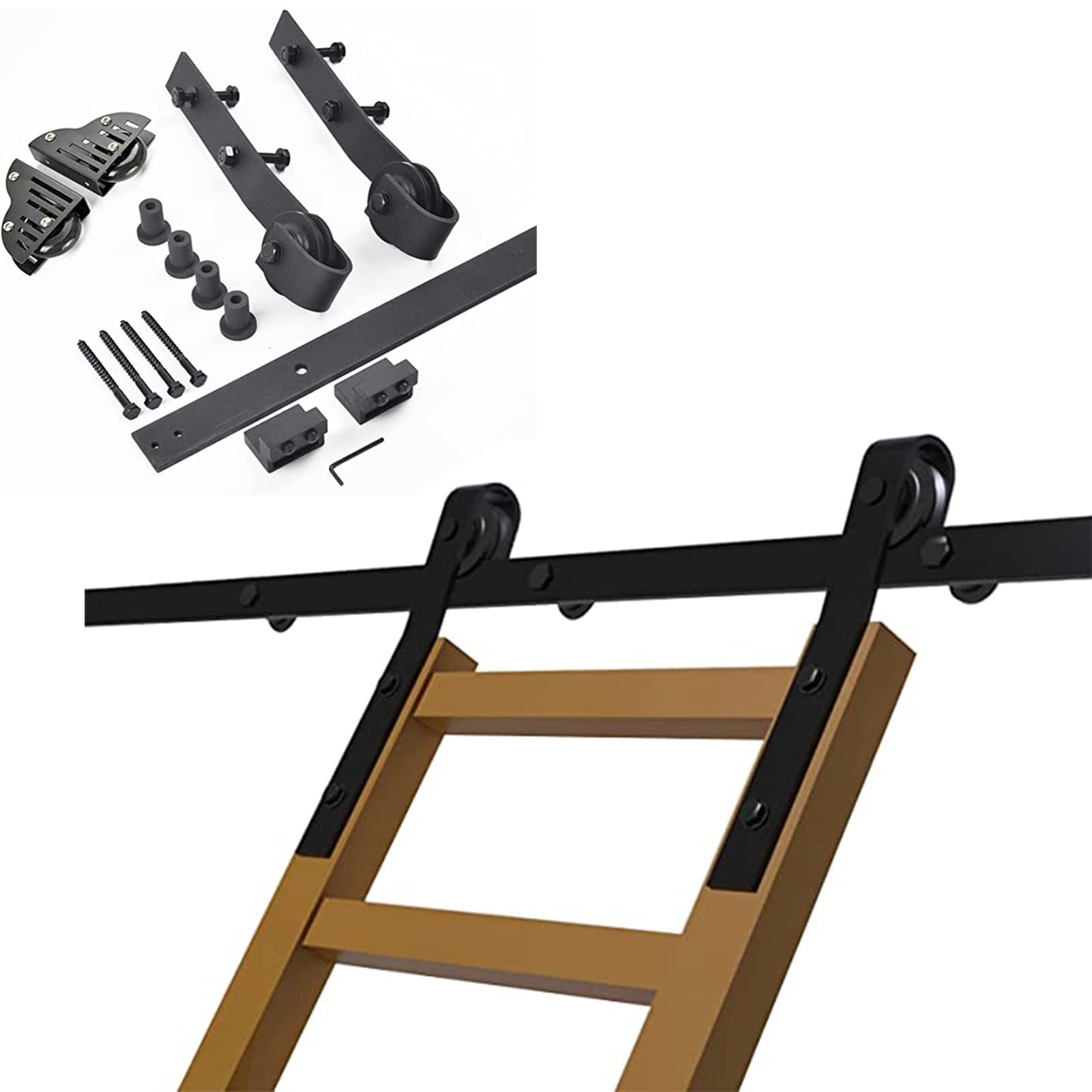 DFGHNBVC Mobile Ladder Rail Rolling Library Ladder Hardware 5Ft-13Ft With Floor Roller Wheels Home Loft Office Sliding Ladder Kit