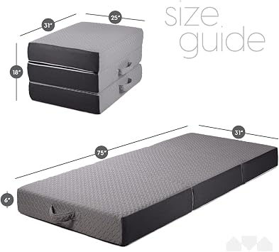Milliard Trifold Mattress, Cot Size, 6 inch, Portable Foldable Mattress with Memory Foam & Washable Cover, Tri-Folding Floor Bed, Camping, Fold Up Guest Bed, RV Travel, Sleepovers, 75 x 31