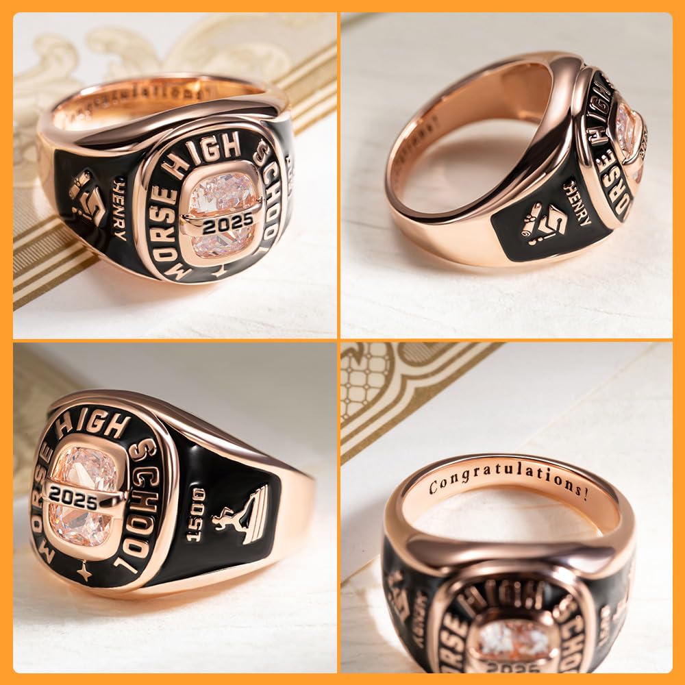 Anillo de clase cuadrado personalizado con símbolo de logotipo personalizado para hombres y mujeres, con texto personalizado, piedra natal, anillo de graduación universitaria para ella, anillo de