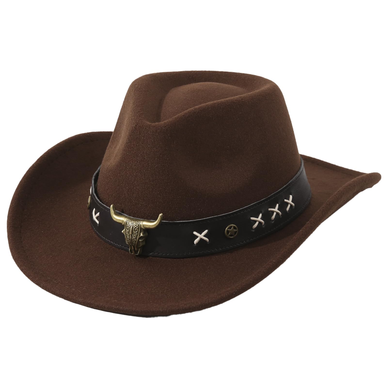 Sombrero de vaquero vintage occidental con banda de cuero para la cabeza de toro, fieltro de lana, ala ancha, elegante sombrero de vaquero para hombres y mujeres, elegante, transpirable, protección