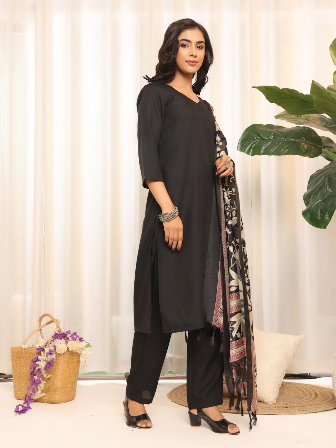 Varanga Women's Solid Black V-Neck Straight Kurta Set With Printed Dupatta  Stylish & Comfortable Ethnic Wear For Casual & Festive Occasions