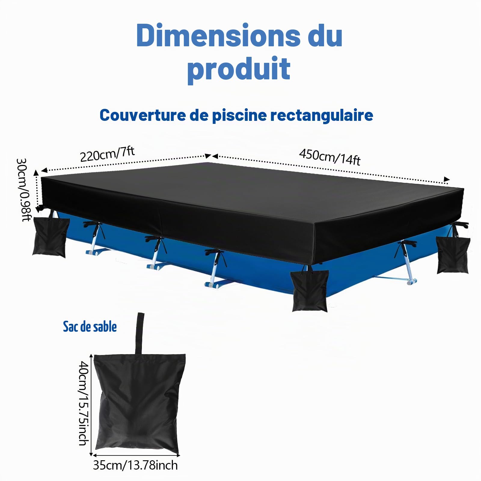 450x220x30cm Bâche de Piscine Rectangulaire pour Piscines Hors-Sol, Robuste Tissu Oxford 210D Couverture avec 4 Sacs de Sable et 1 Sac Rangement