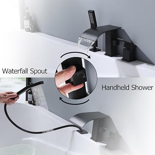 Miniatura 4 de FSCEPIXI Grifo de bañera romana en cascada con ducha de mano, grifo de bañera de montaje en cubierta con pulverizador, juego de grifo de bañera de