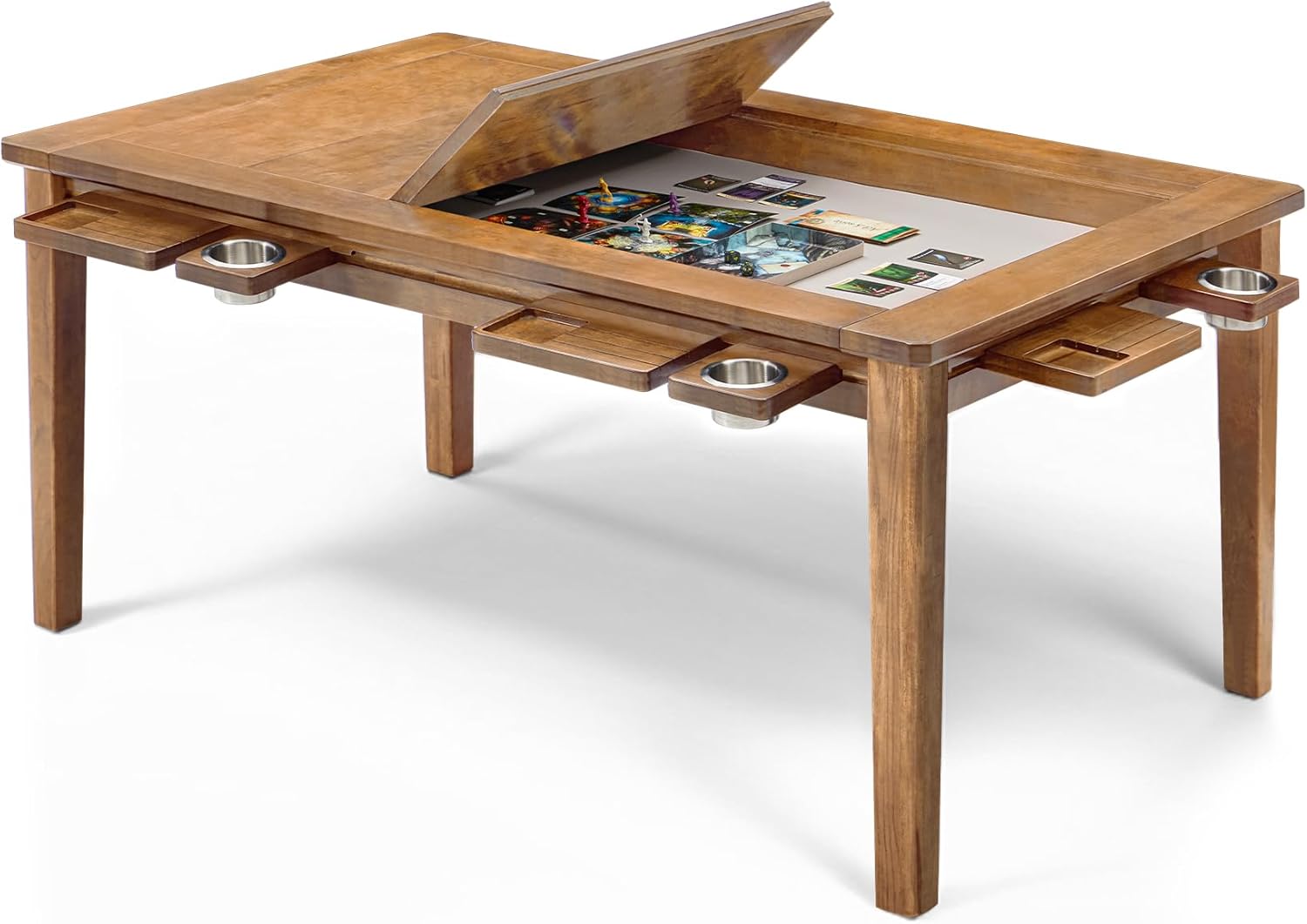 Product image of Solid Wood Board Game Table for 4-6 Players,Dining/Gaming Table w/ 54"x31" Big Gaming Space and Removable Top,Includes Game Mat, 6*Cup Holders & Hobby Tray,Rosewood