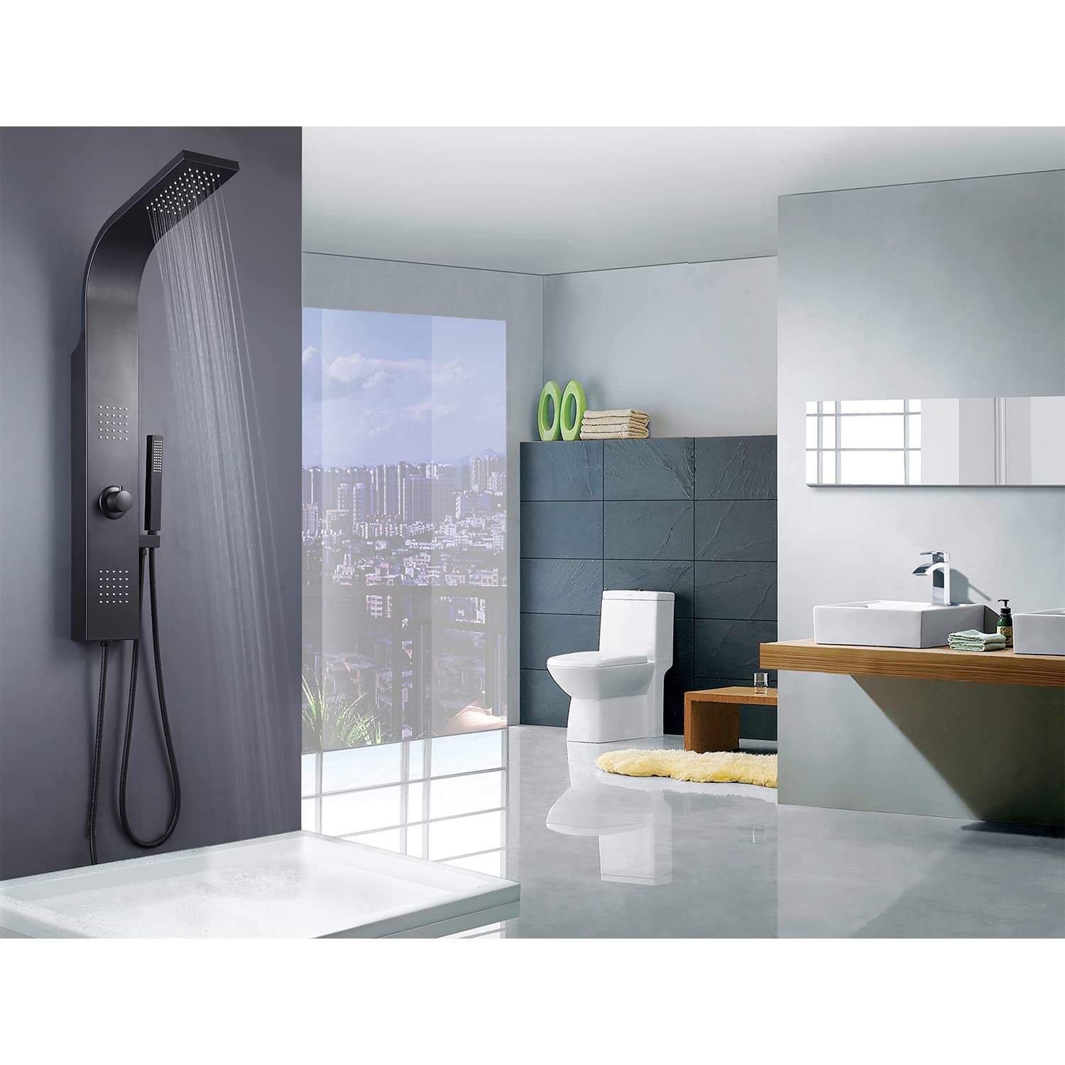 Elbe Panel de ducha sin grifo con 3 funciones, sistema de ducha de acero inoxidable cepillado 304 con 2 chorros de masaje, ducha de lluvia y ducha de mano, acabado negro mate, RNP-W04S