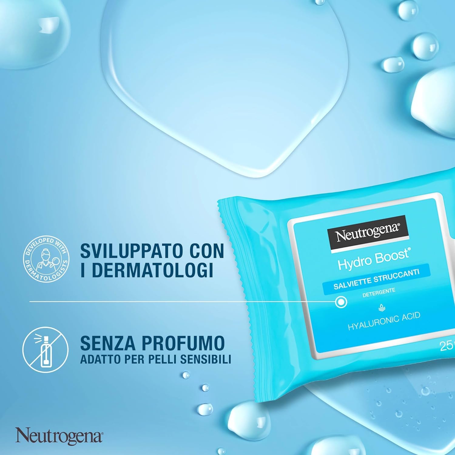 Neutrogena Hydro Boost Salviette Struccanti, Salviettine struccanti e idratanti arricchite con Acido Ialuronico, Struccante viso e occhi detergente per trucco waterproof, 1 confezione da 25 pezzi