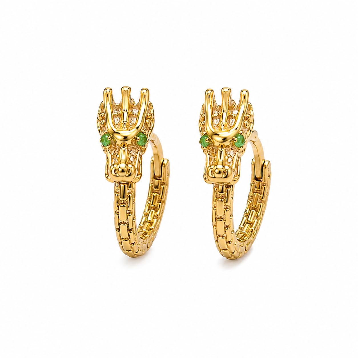 Dragon Head Hoop Earrings for Men & Women | Gold Plated Gothic Punk Hoop Earrings | Vintage Dragon Design with Green Stone Eyes | Hip Hop Biker Statement Earrings | Stylish Fashion Jewelry Gift (1 Pair)-image-28