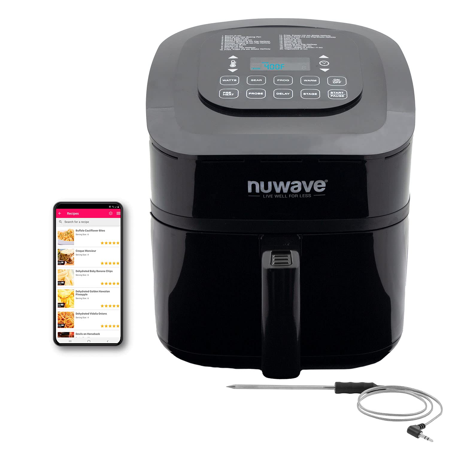 NUWAVE BRIO 6Quart Digital Air Fryer with Probe Digital Controls, 6 easy presets