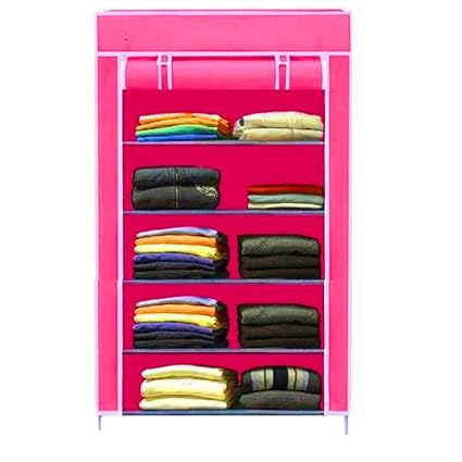 bae Stora Collapsible Wardrobe Armoire almari Closet Clothes Storage Rack 5 Shelves 5 Sides, Quick and Easy to Assemble, Pink