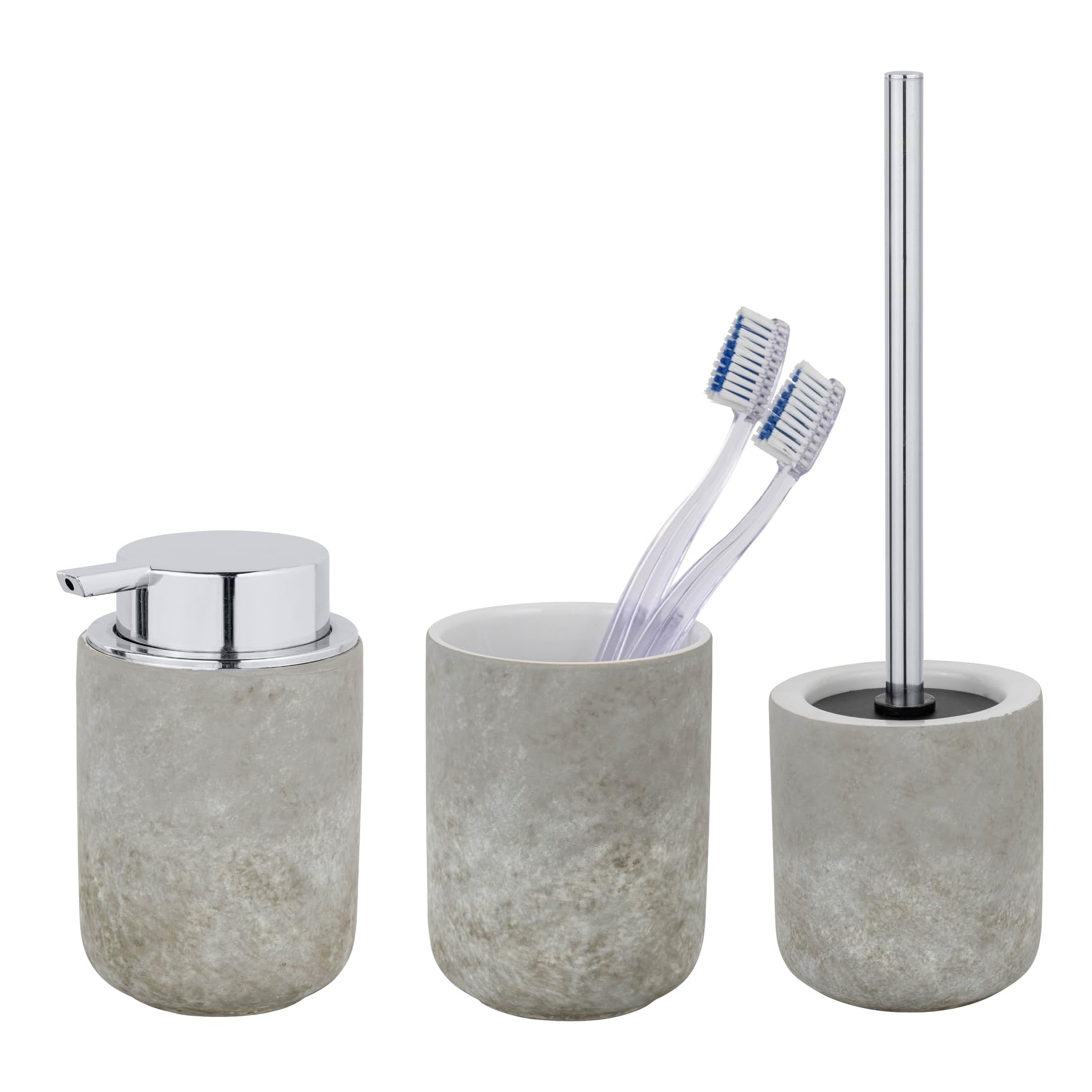 SCHÖNER WOHNEN-Kollektion Bad-Accessoire Set Mod. Londa 3-teilig aus Keramik in Zementoptik mit Seifenspender Zahnputzbecher und WC-Garnitur Maße 38 x 11,5 cm Farbe Grau