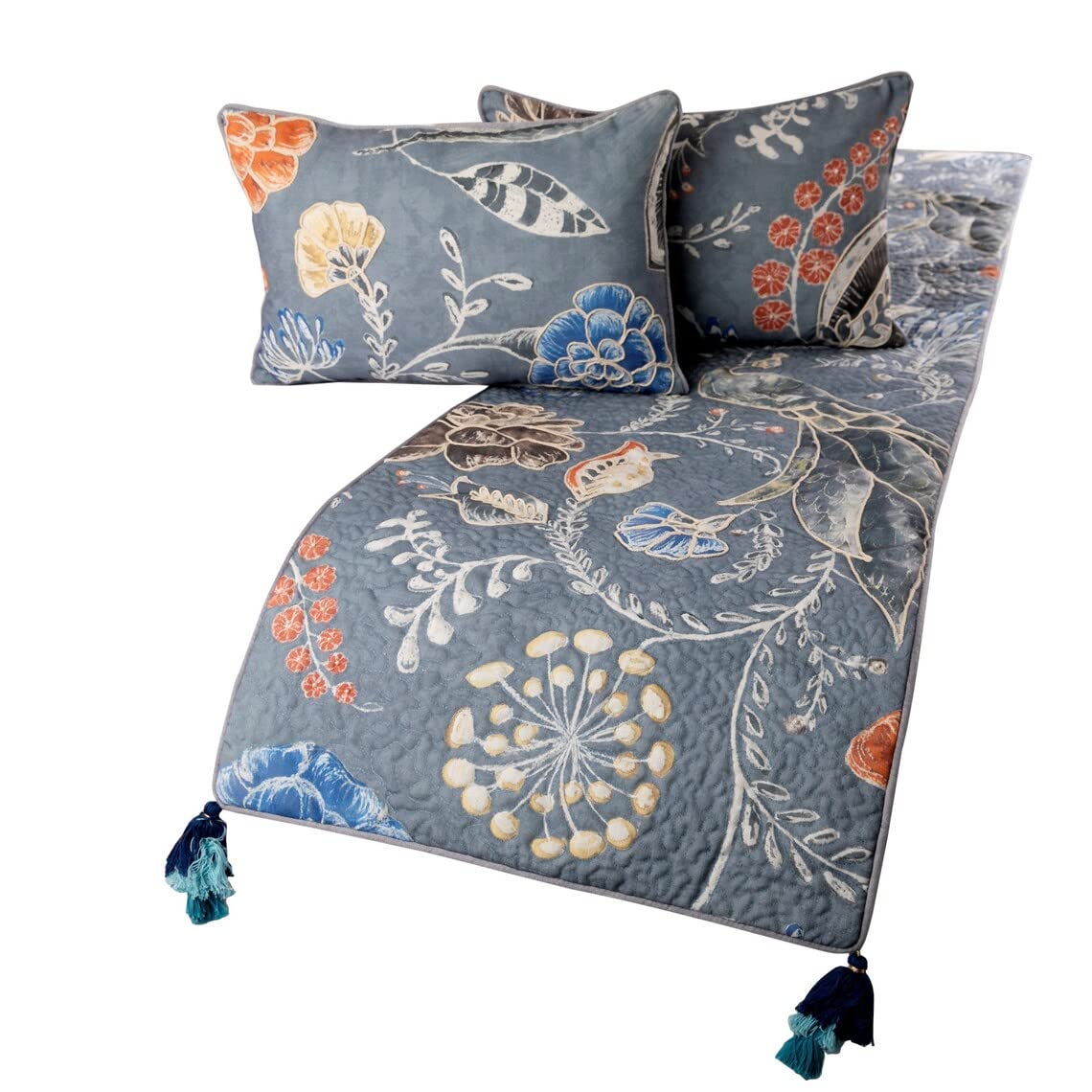 The HomeCentric Blue Bed Runner, King Size 225 x 45 cm Decorative Bed Runner With 2 Matching Cushion Cover, Blue Linen Bed Scarf in Quilted Peacock, Linen & Jute Embroidery - Peacock Willow