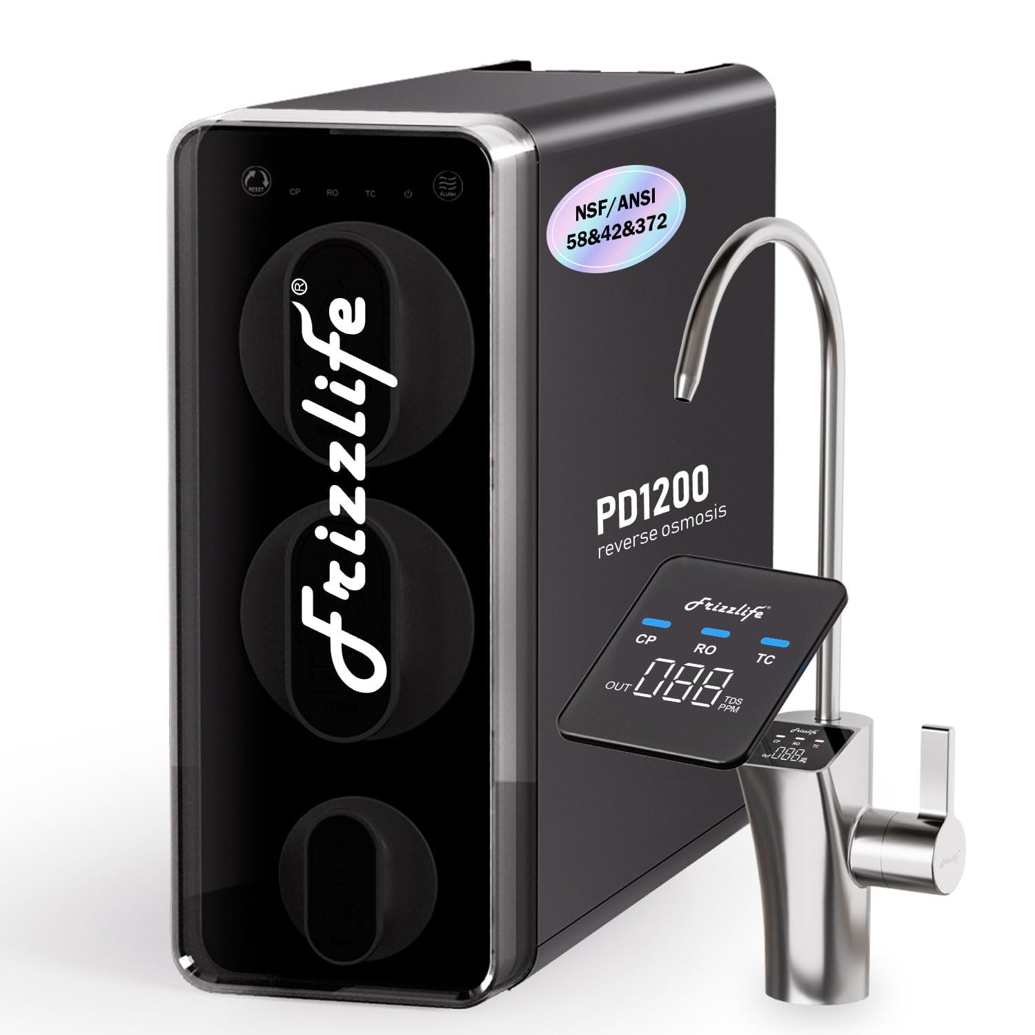 Frizzlife 1200GPD Umkehrosmoseanlage, NSF/ANSI 42&58&372-Standards Untertisch Osmoseanlage, Entkalkungsanlage RO System, Reduziert TDS & PFAS, 3:1 Rein zum Abfluss, Intelligenter Wasserhahn, PD1200