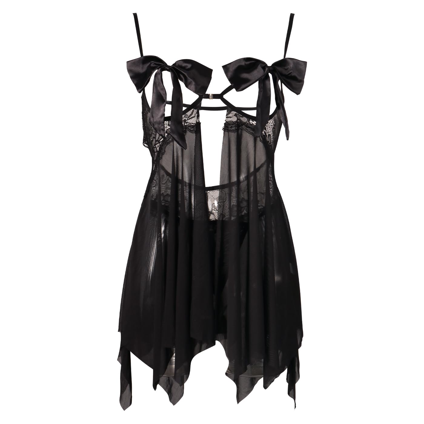 Sexy Lingerie Set Bow Tie Open Front Babydoll Fairy Nightwear Hollow Out See Through Lace Strappy Chemise Sleepwear Nightdress with Thong for Valentine's Day Honeymoon Sweet Night