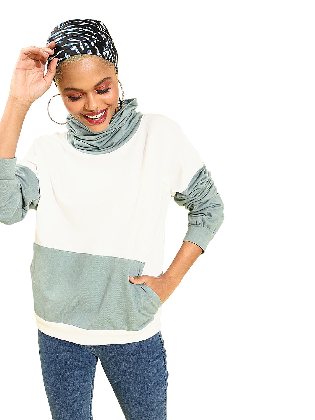 athena lifestyle Women and Girls Polyester Sweater Long Sleeves Turtle Neck Colourblocked Mock Pocket Teal Sweatshirt-picture-29