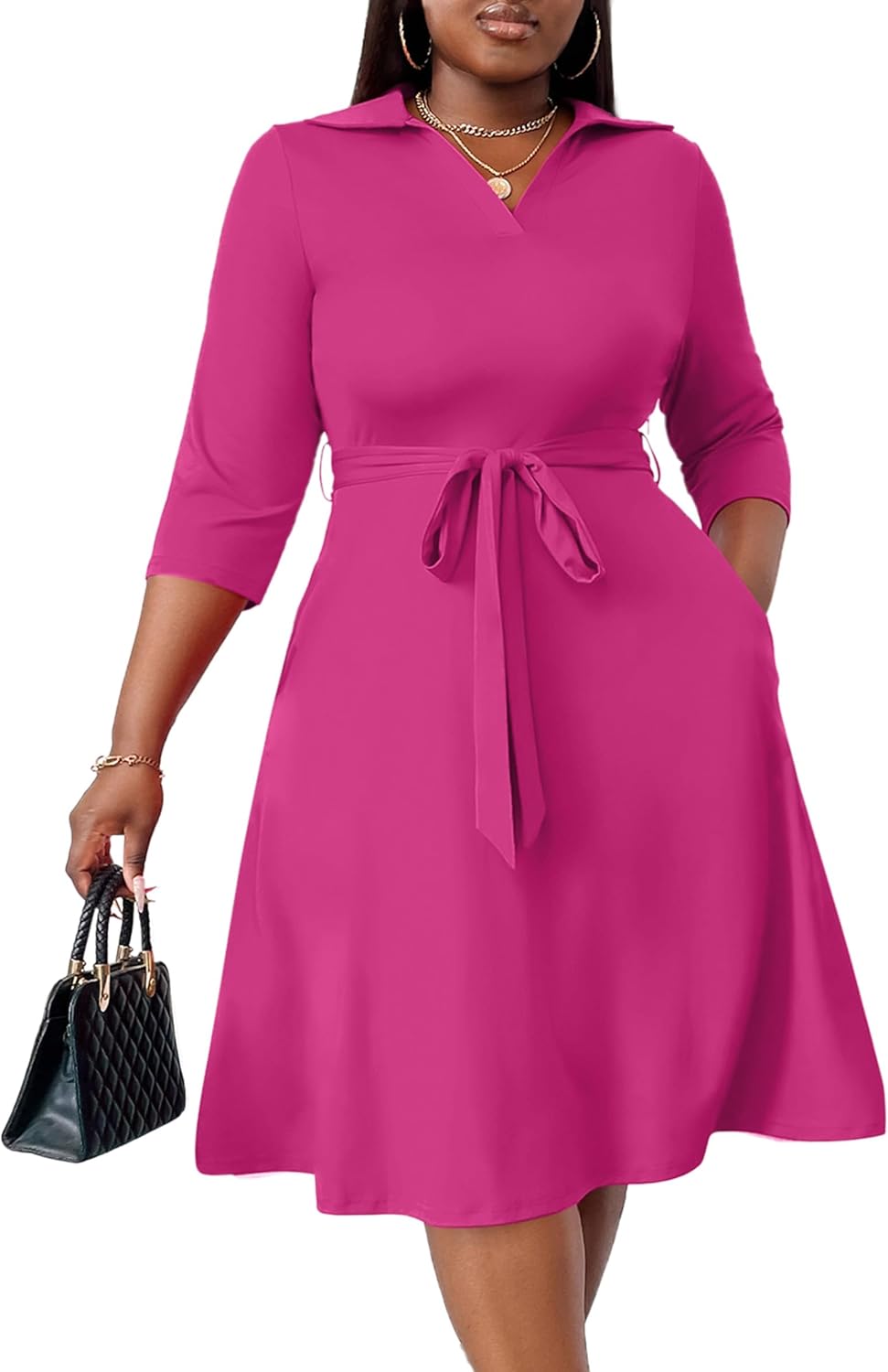 FANDEE Plus Size Midi Dress for Women - Printing Summer Dresses for Wedding Guest Cocktail Party 3/4 Sleeve V Neck(L-5XL)