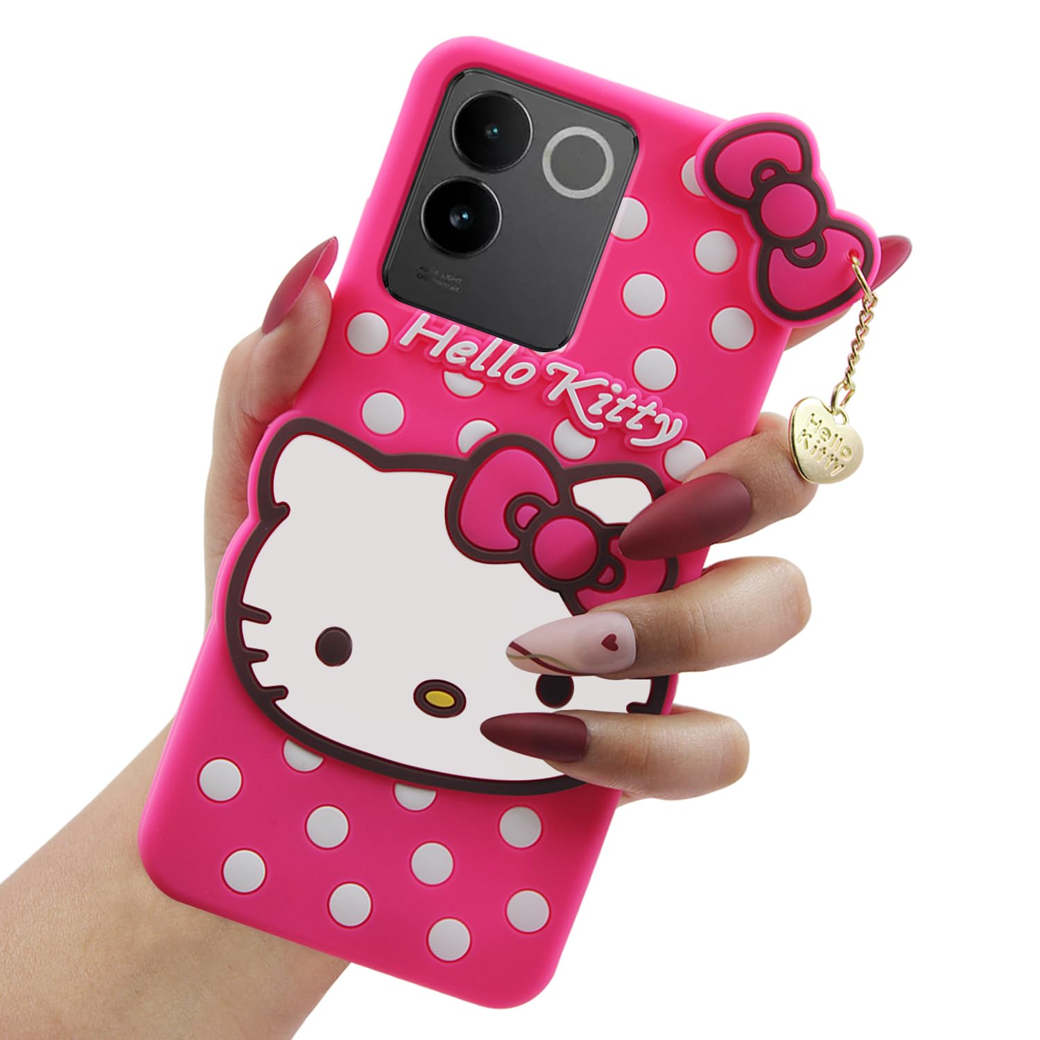 Hello Kitty Phone Case for VIVO IQOO Z7 PRO 5G, Silicone, Soft Protective Case, Hot Pink with White Polka Dots, DHKSC0338, 16.5x8.5x2.5 cm