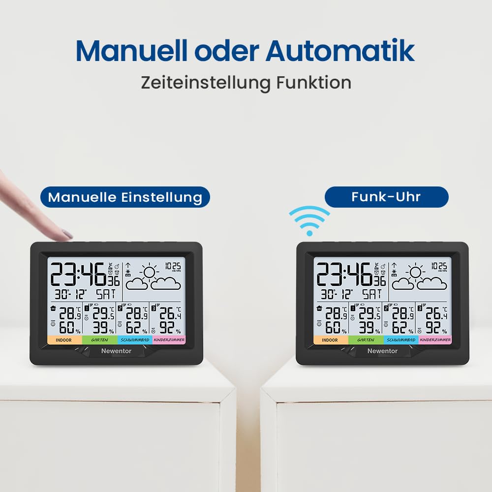 Newentor Wetterstation Funk mit 3 Außensensor Innen und Außen Thermometer Hygrometer DCF-Funkuhr Multifunktionale Funkwetterstation mit Wettervorhersage