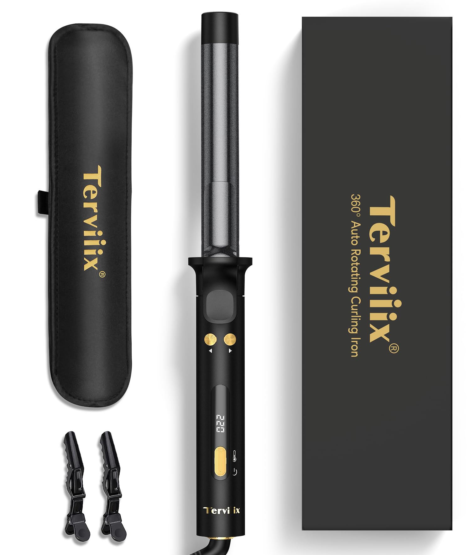 Revolutionary Automatic Rotating Curling Iron - Professional Hair Curler for Long Hair, 25mm Ceramic Barrel with Infused Argan Oil & Keratin, 9 Heat Settings, Black Gold