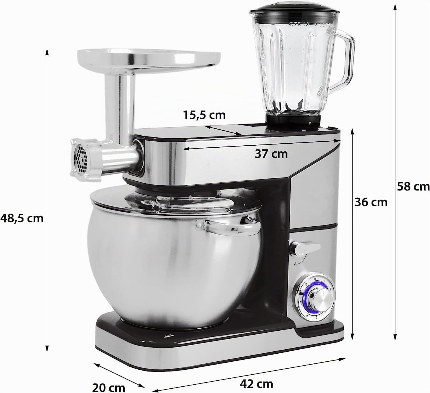 Royal Swiss Robot de cocina 3 en 1, 12 l, 2000 W, con picadora y batidora de cristal de 1,5 l, amasadora planetaria con movimiento planetario, 6 velocidades + pulso, cuenco inoxidable XXL, plateado