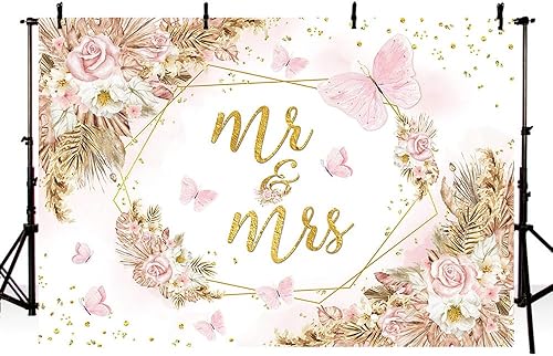 Miniatura 2 de MEHOFOND Telón de fondo bohemio de boda Mr & Mrs de 7 x 5 pies - Hierba rosa de las Pampas y mariposas - Poliéster